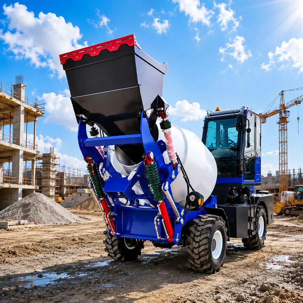 1.5m³ self-loading concrete mixer working on a construction site with automatic loading, mixing, transporting and discharging functions