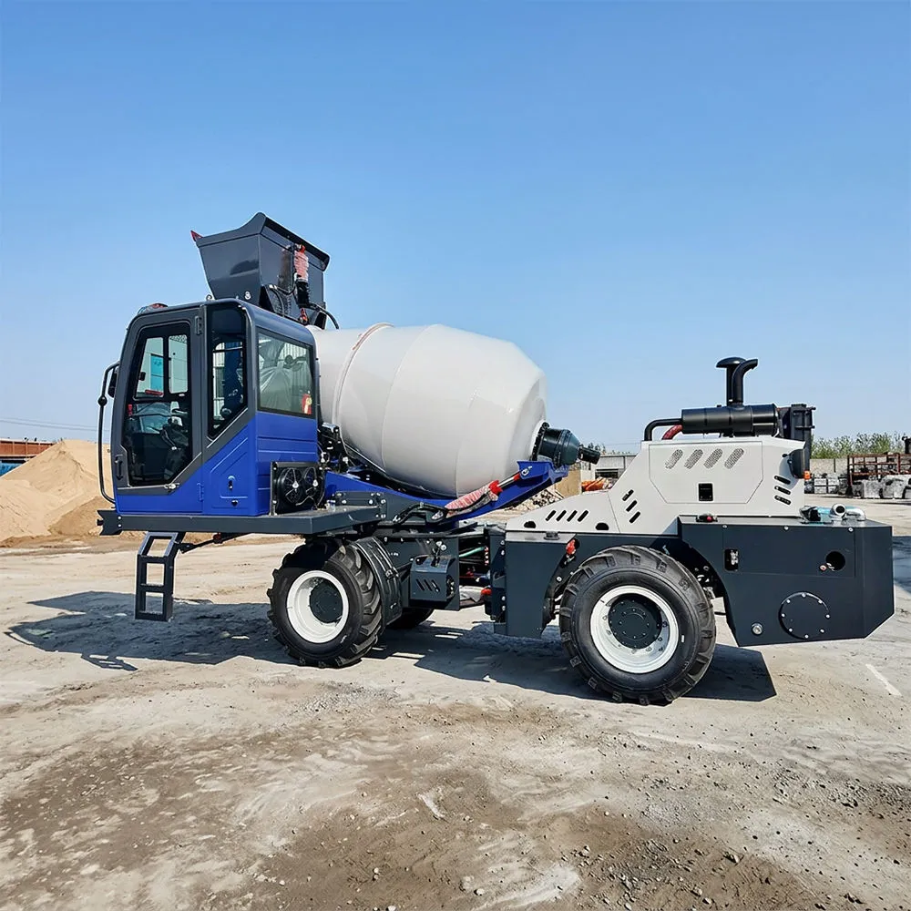 2.6m3 self-loading concrete mixer working on a construction site with automatic loading, mixing, transporting and discharging functions