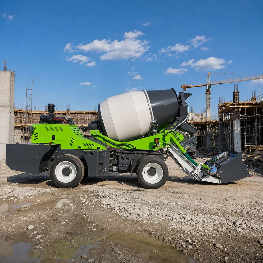 2m3 self-loading concrete mixer working on a construction site with automatic loading, mixing, transporting and discharging functions