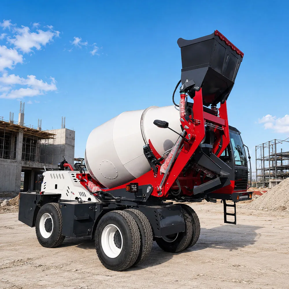 3.5m3 self-loading concrete mixer working on a construction site with automatic loading, mixing, transporting and discharging functions