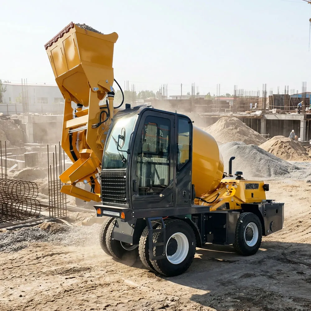 4m3 self-loading concrete mixer working on a construction site with automatic loading, mixing, transporting and discharging functions
