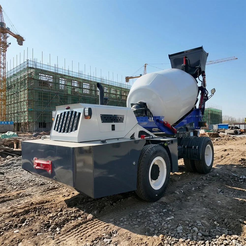 5m3 self-loading concrete mixer working on a construction site with automatic loading, mixing, transporting and discharging functions