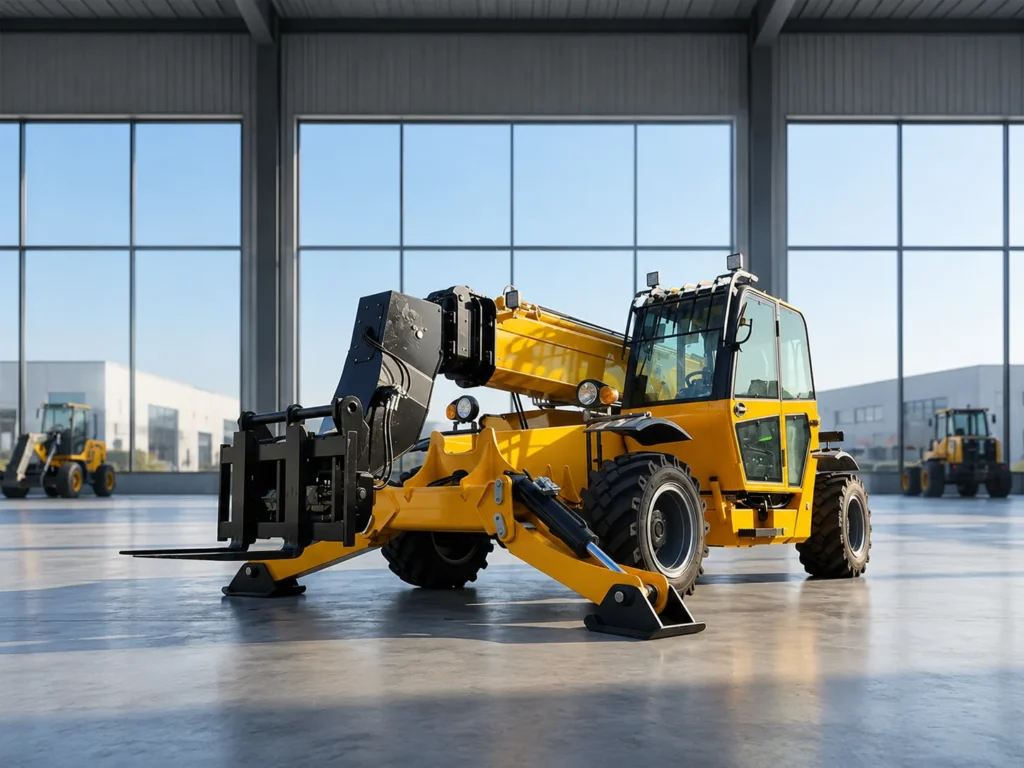 XQ-TH1135 telescopic handler forklift displayed in a factory workshop with extended boom, fork attachment, stabilizers and off-road tires