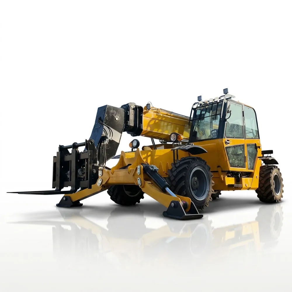 XQ-TH 1135 Telescopic Handler Forklift 1 XQ-TH1135 telescopic handler forklift with extended boom, fork attachment, stabilizers, enclosed cab and off-road tires