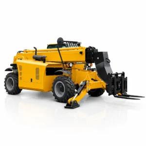 XQ-TH1435 telescopic handler forklift with extended boom, fork attachment, stabilizers, enclosed cab and heavy-duty off-road tires