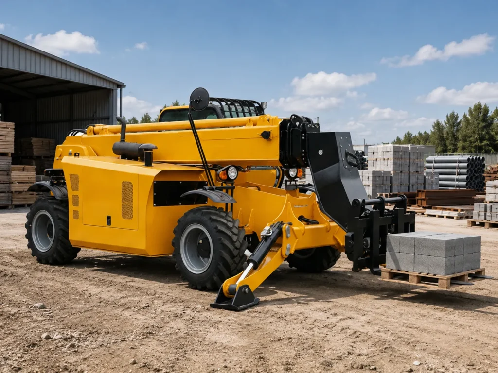XQ-TH1435 telescopic handler forklift handling palletized concrete blocks with stabilizers in an outdoor construction material yard