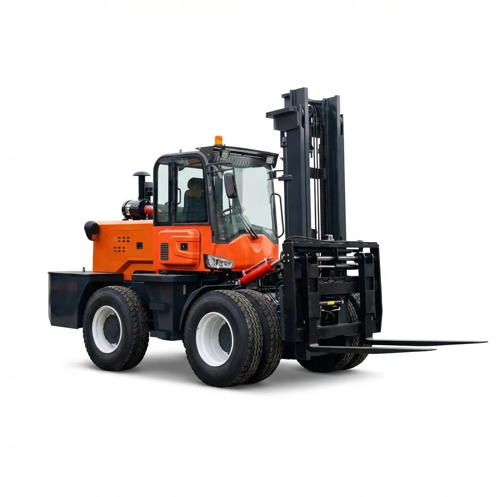 XQ-YC100 10 Ton 4WD Front Articulated Rough Terrain Forklift 1 XQ-YC100 10 ton 4WD front articulated rough terrain forklift with enclosed cab, heavy-duty lifting mast and large off-road tires