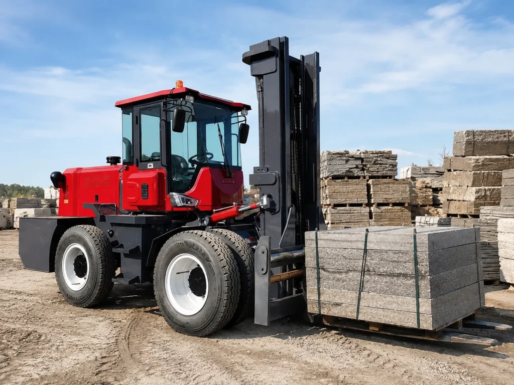XQ-YC100 10 ton 4WD front articulated rough terrain forklift handling palletized concrete blocks on an outdoor construction material yard
