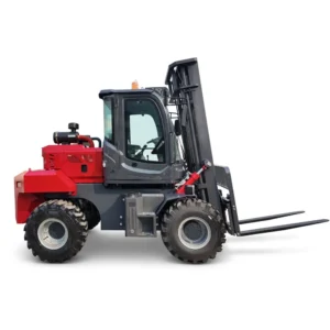 XQ-YC35-C 3.5 ton 4WD integrated rear steering rough terrain forklift with off-road tires, enclosed cab and heavy-duty lifting mast