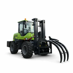 XQ-YC50-A 5 ton 4WD front articulated rough terrain forklift with log grapple attachment, off-road tires and enclosed cab