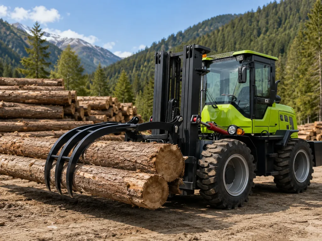 XQ-YC50-A 5 ton 4WD front articulated rough terrain forklift handling logs with a grapple attachment in a forestry working environment