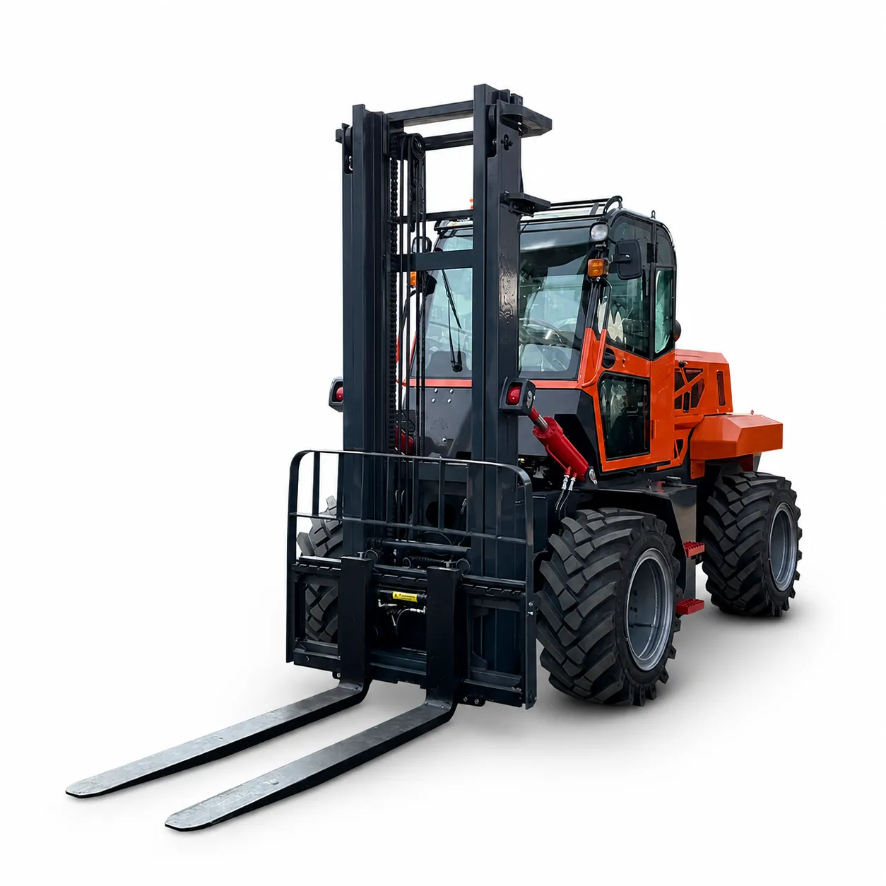 XQ-YC50-B 5 Ton 4WD Rear Articulated Rough Terrain Forklift 1 XQ-YC50-B 5 ton 4WD rear articulated rough terrain forklift main product image with enclosed cab, off-road tires and heavy-duty lifting mast
