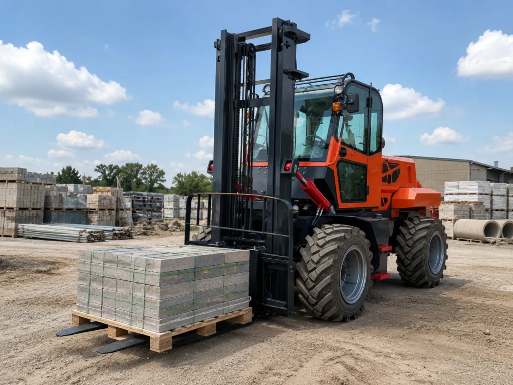 XQ-YC50-B 5 ton rough terrain forklift handling palletized concrete blocks on an outdoor construction material yard