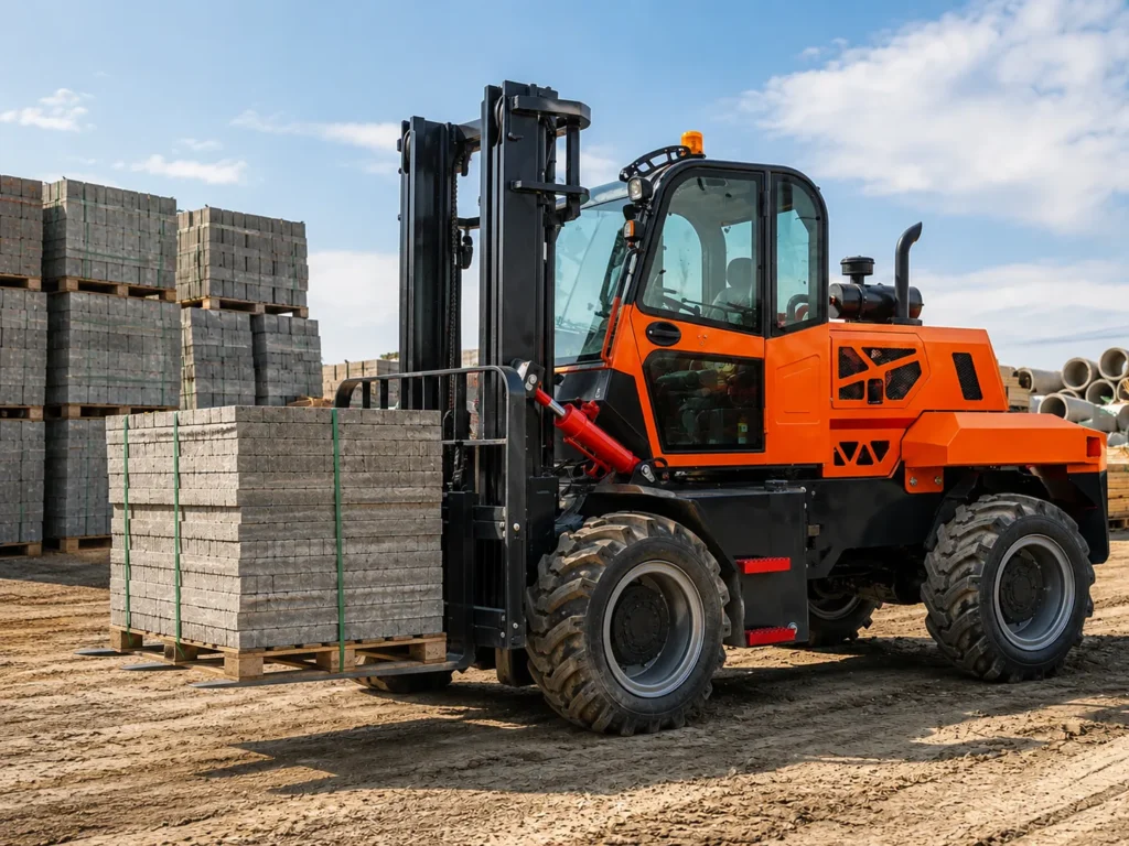 XQ-YC50-C 5 ton 4WD integrated rear steering rough terrain forklift handling palletized concrete blocks on an outdoor jobsite