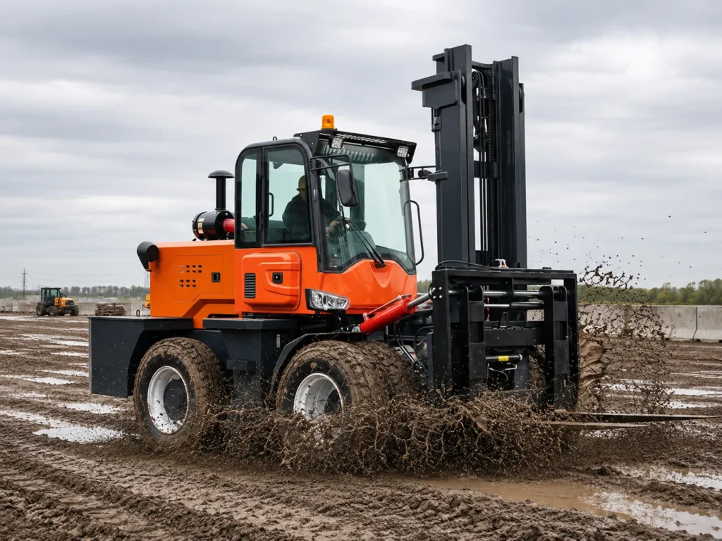 XQ-YC80 8 ton 4WD front articulated rough terrain forklift working on a muddy off-road jobsite with heavy-duty tires and lifting mast