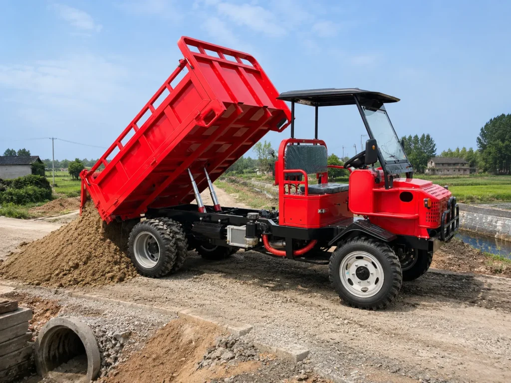 XQ 18-25HP diesel farm dumper working on a rural construction site with raised dump bed, off-road tires and open operator platform