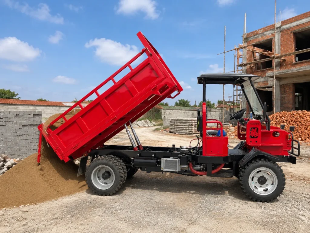 XQ 18HP rear-wheel drive diesel farm dumper unloading soil on a construction site with raised dump bed, canopy roof and off-road tires