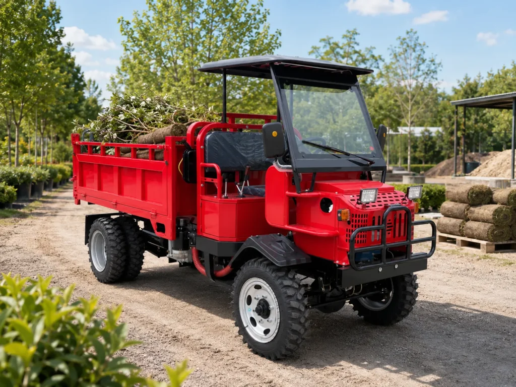 XQ 25HP heavy-duty 4WD diesel farm dumper carrying branches in a landscaping nursery with canopy roof, cargo bed and off-road tires