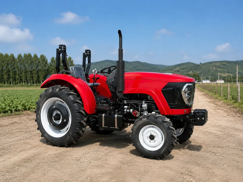 XQ-T1004 100HP 4WD farm tractor working in an outdoor field scene with agricultural tires and open operator platform
