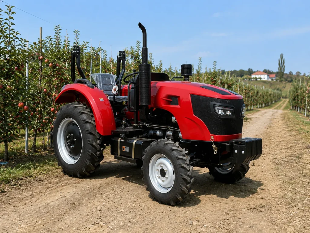 XQ-T504 50HP 4WD farm tractor working in an orchard with heavy-duty agricultural tires and open operator platform