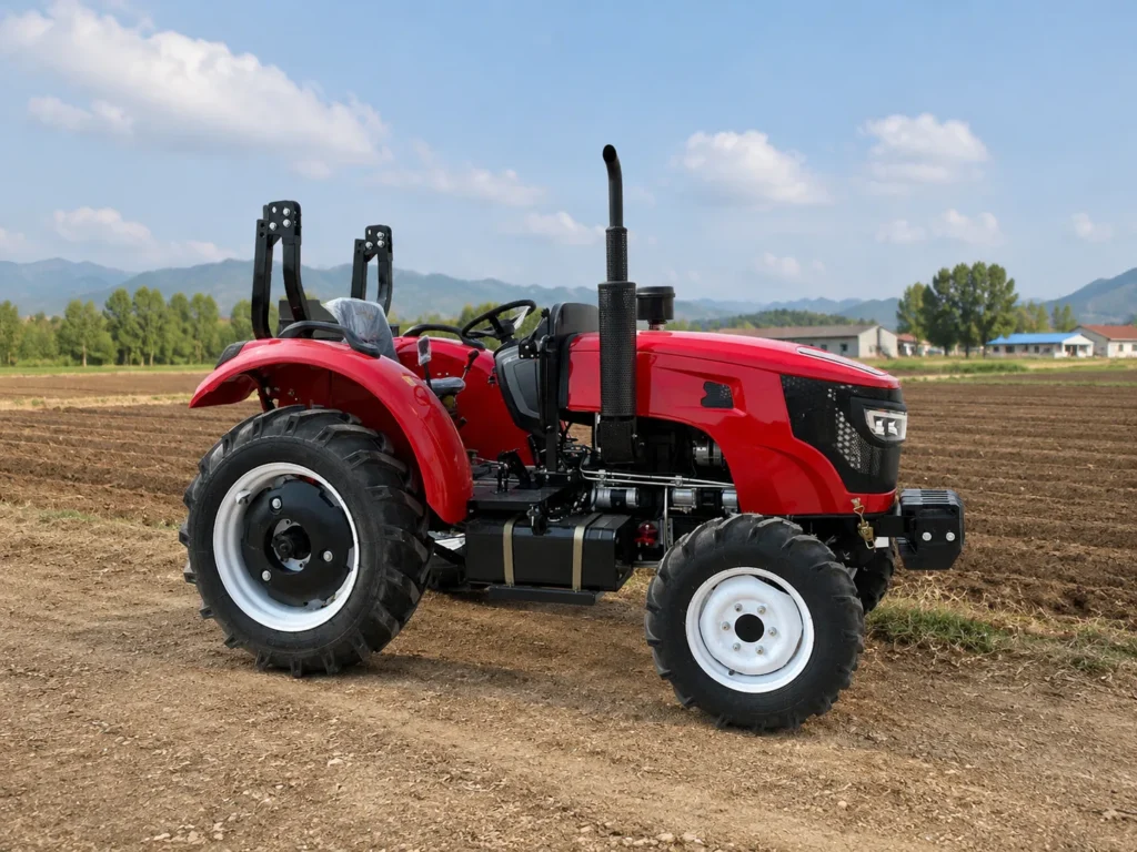 XQ-T604 60HP 4WD farm tractor working in a farmland field with heavy-duty agricultural tires and open operator platform