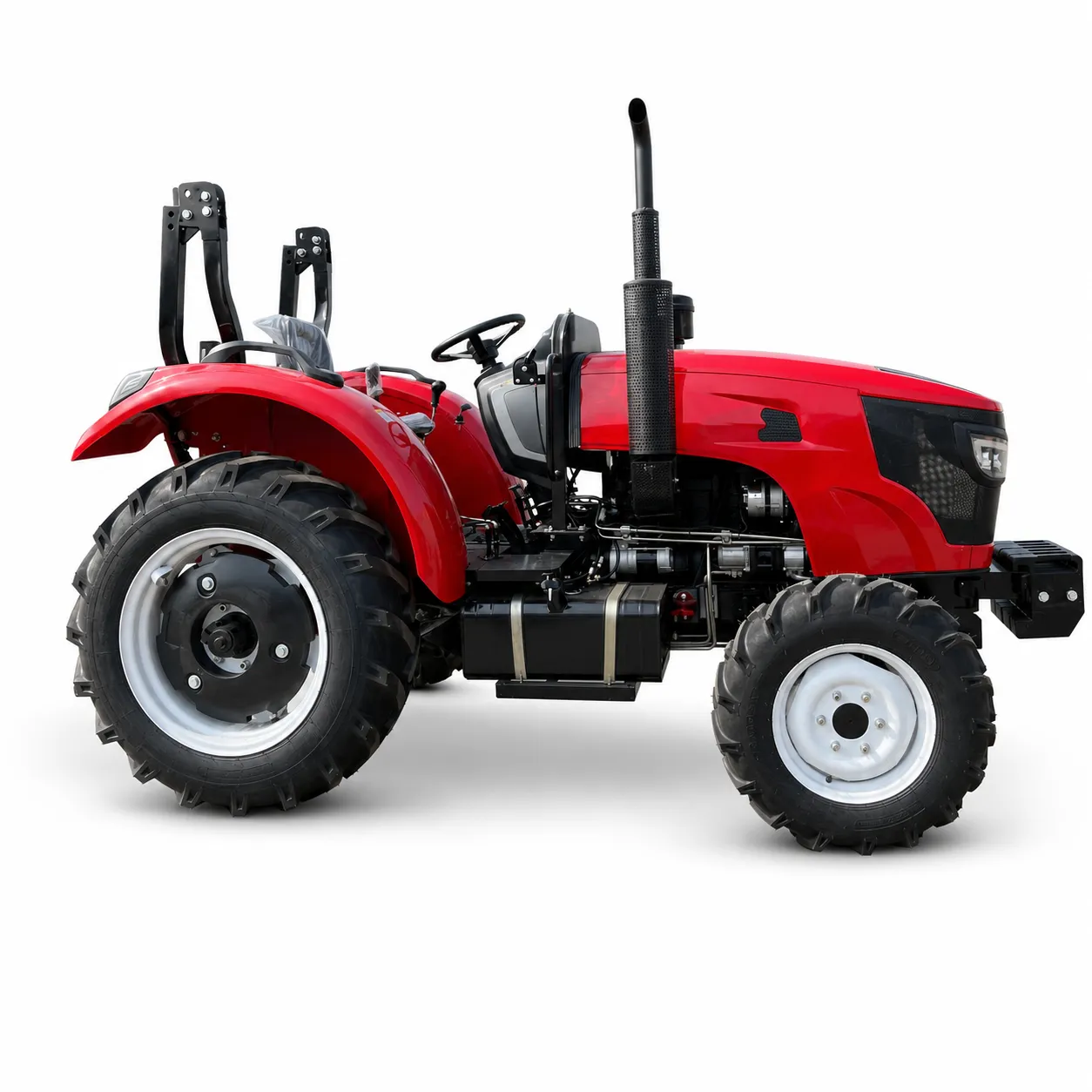 XQ-T604 60HP 4WD Farm Tractor 1 XQ-T604 60HP 4WD farm tractor with heavy-duty agricultural tires, open operator platform and side product display view