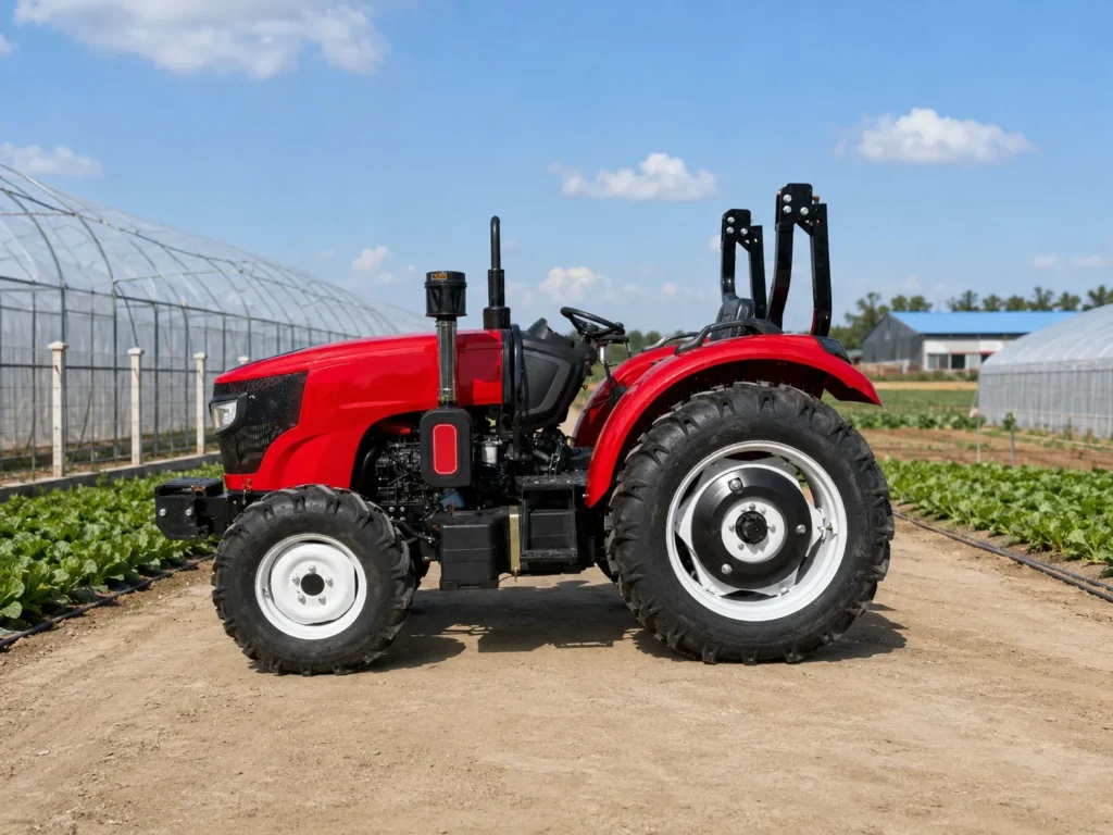 XQ-T704 70HP 4WD farm tractor working beside greenhouses with heavy-duty agricultural tires and open operator platform