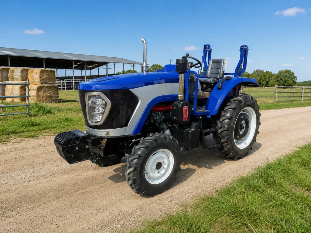 XQ-T804 80HP 4WD farm tractor working on a rural farm road with heavy-duty agricultural tires and open operator platform