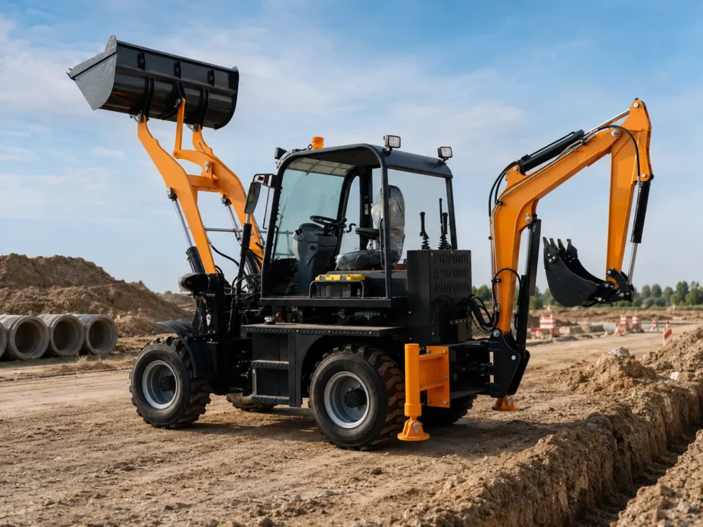 XQ-WZ15-20 4WD mini backhoe loader working on a construction site with front loader bucket, rear excavator arm and enclosed cab