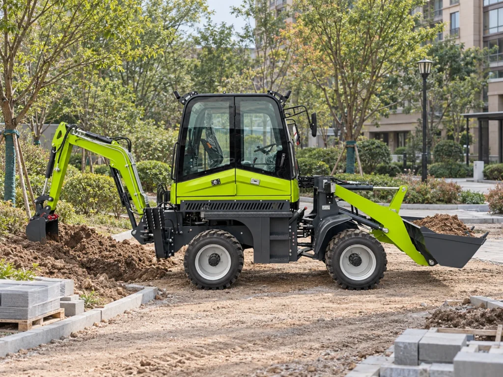 XQ-WZ18-20 4WD backhoe loader working on a landscaping site with front loader bucket, rear excavator arm, enclosed cab and stabilizers
