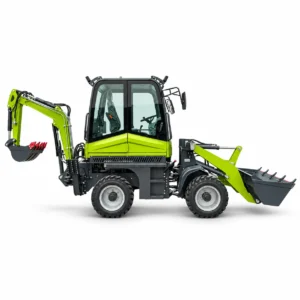 XQ-WZ18-20 4WD backhoe loader with front loader bucket, rear excavator arm, enclosed cab, stabilizer and off-road tires