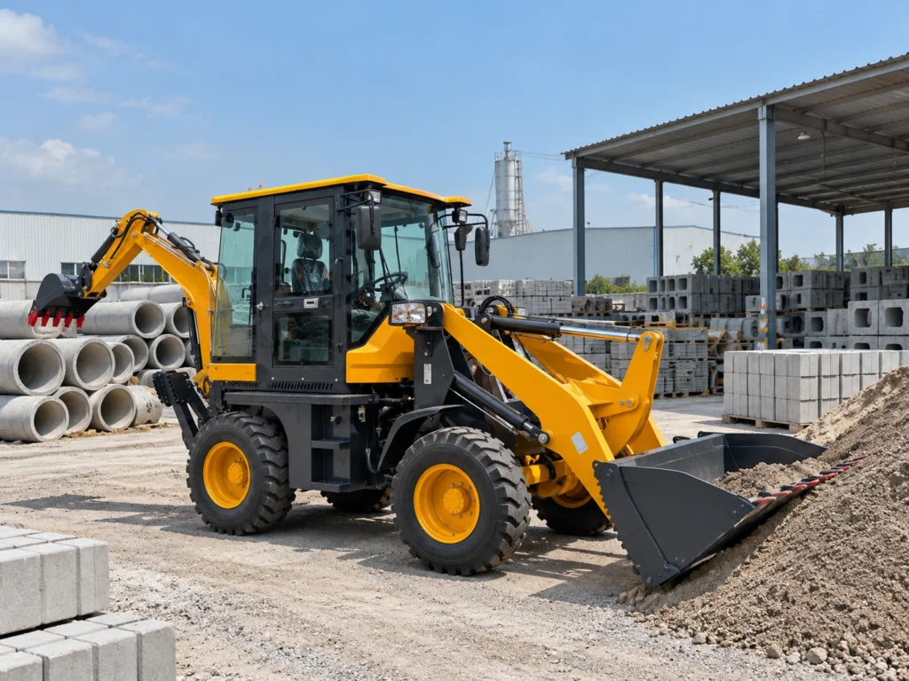 XQ-WZ20-32 4WD backhoe loader loading soil in a construction material yard with front loader bucket, enclosed cab and rear excavator arm