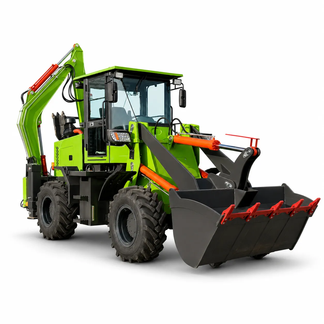 XQ-WZ20-40 4WD Backhoe Loader 1 XQ-WZ20-40 4WD backhoe loader with front loader bucket, rear excavator arm, enclosed cab and off-road tires