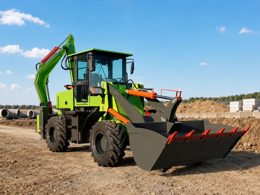 XQ-WZ20-40 4WD backhoe loader working on an outdoor construction site with front loader bucket, rear excavator arm and enclosed cab