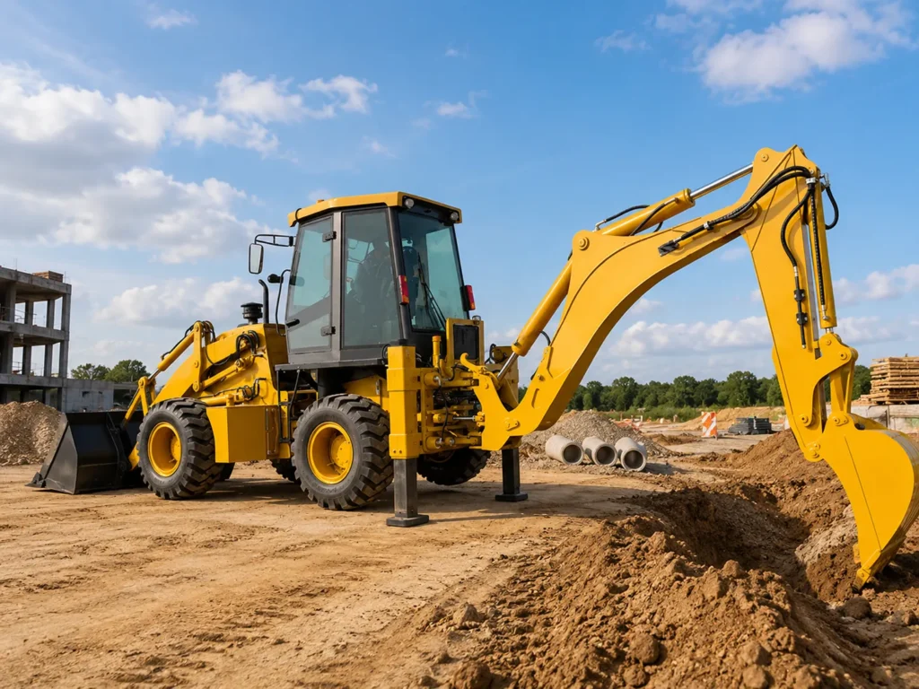 XQ-WZ30-25 4WD backhoe loader working on a construction site with rear excavator arm, front loader bucket, stabilizers and enclosed cab