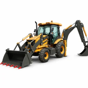 XQ-WZ388 4WD backhoe loader with front loader bucket, rear excavator arm, enclosed cab, stabilizers and off-road tires