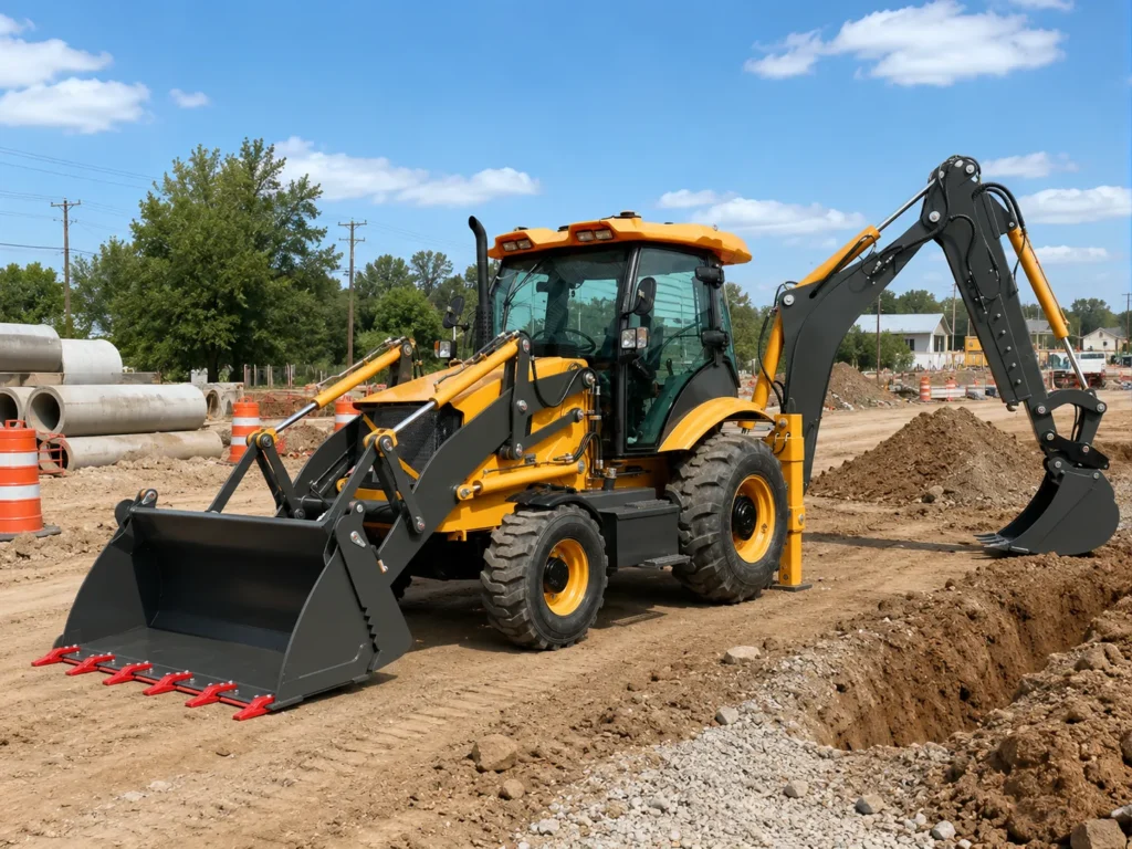 XQ-WZ388 4WD backhoe loader working on a construction site with front loader bucket, rear excavator arm, enclosed cab and stabilizers