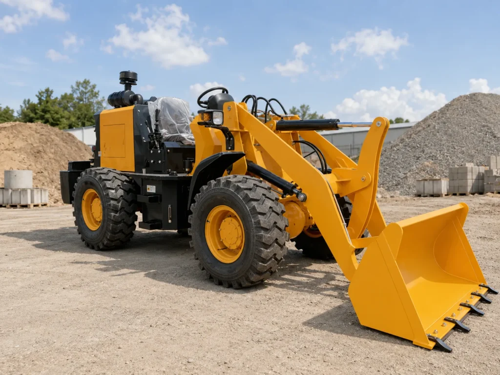 XQ-Z912 0.8 ton 4WD compact wheel loader working on an outdoor material yard with front bucket, open operator platform and compact structure
