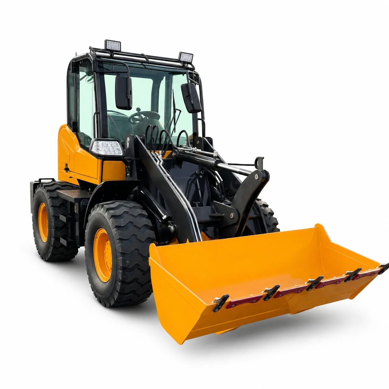 XQ-Z915 0.8 Ton 4WD Compact Wheel Loader 1 XQ-Z915 0.8 ton 4WD compact wheel loader with front bucket, enclosed cab, articulated structure and off-road tires