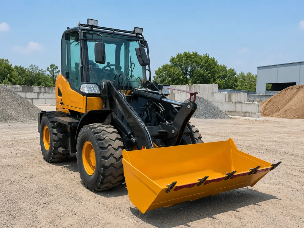 XQ-Z915 0.8 ton 4WD compact wheel loader on an outdoor jobsite with front bucket, enclosed cab and articulated loader structure