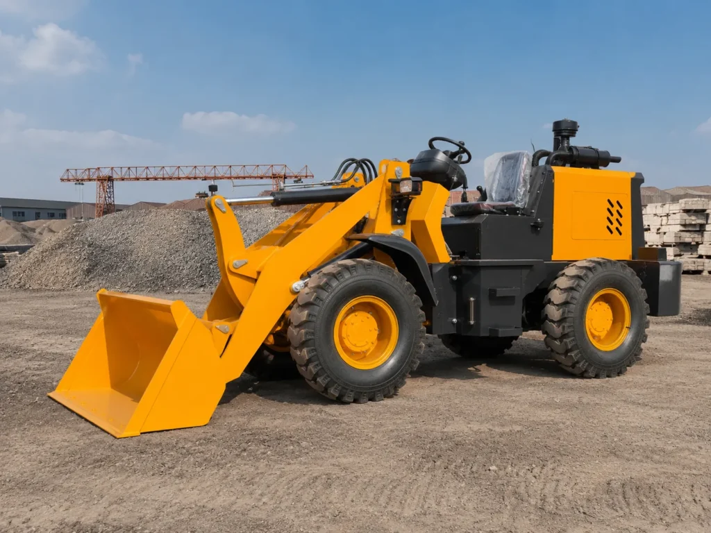XQ-Z930 1.8 ton 4WD compact wheel loader with front bucket in an outdoor jobsite working scene