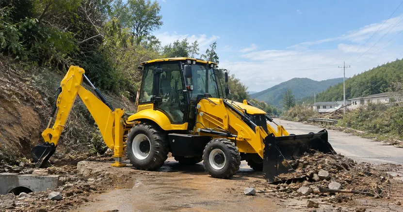 Backhoe loader performing roadwork and earthmoving operations on a construction site