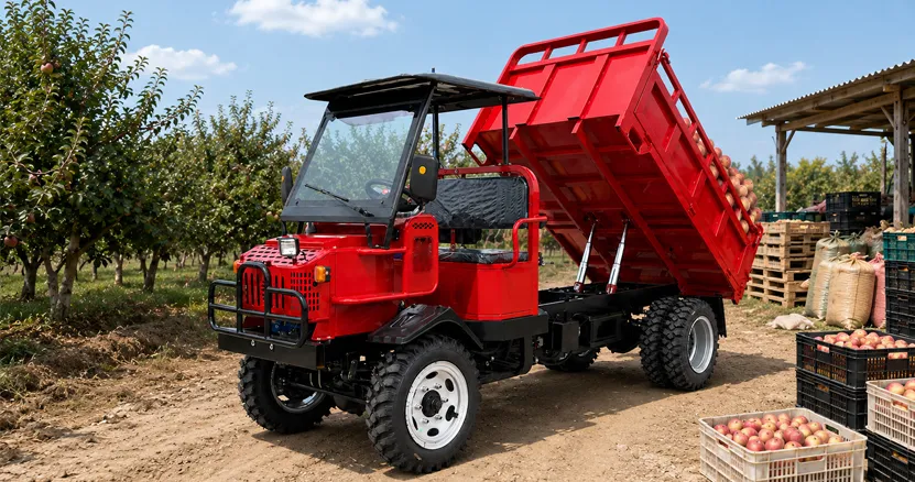 Diesel farm utility vehicle transporting materials in an orchard and agricultural working environment