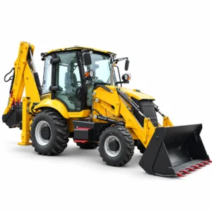 XQ-WZ3CX 4WD backhoe loader main product image with enclosed cab, front loader bucket and rear excavator arm