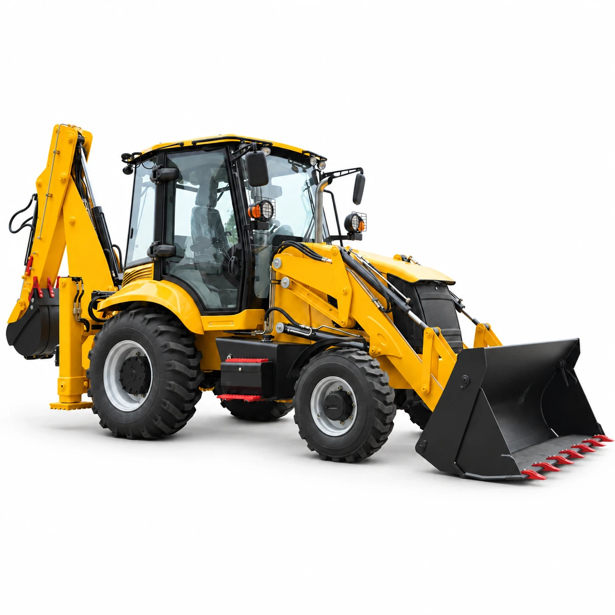 XQ-WZ3CX 4WD Backhoe Loader 1 XQ-WZ3CX 4WD backhoe loader main product image with enclosed cab, front loader bucket and rear excavator arm