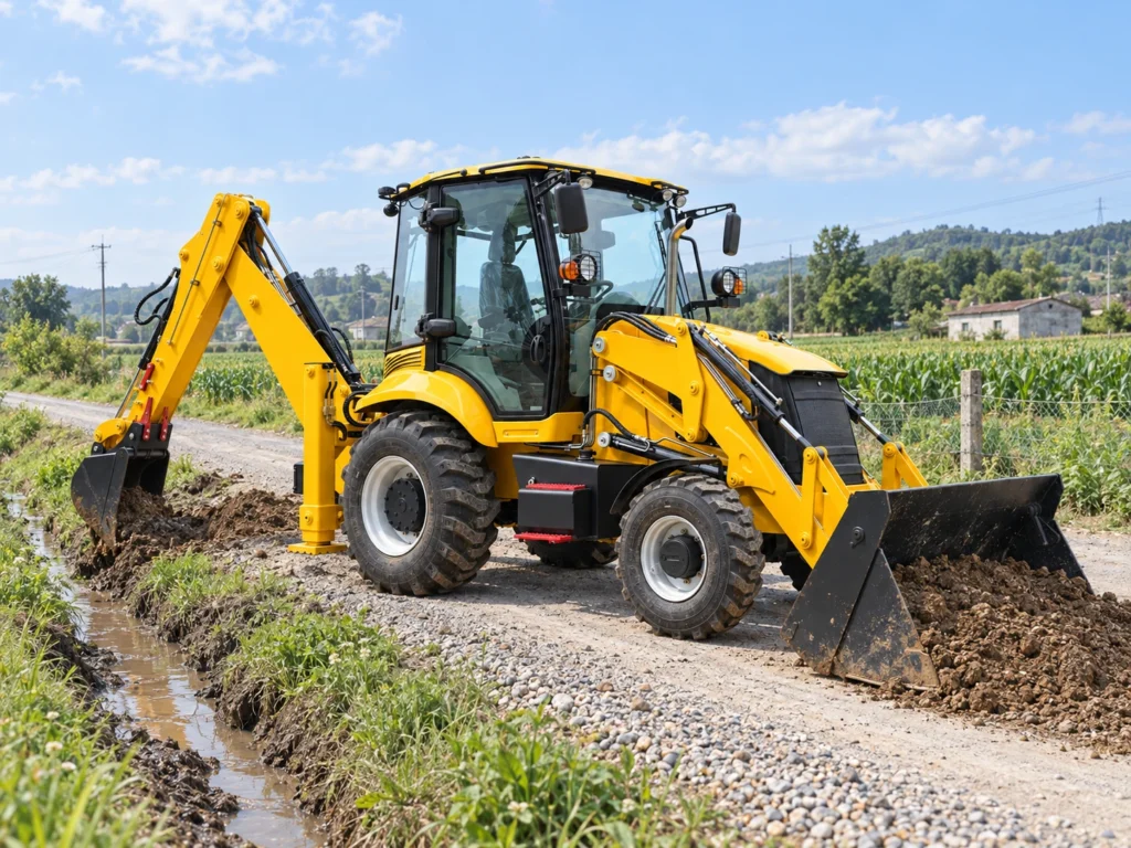 XQ-WZ3CX 4WD backhoe loader working on rural roadside drainage and earthmoving with front loader bucket and rear excavator arm