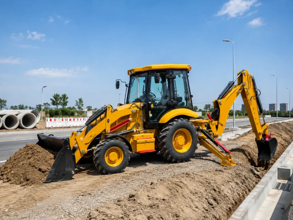 XQ-WZ40-30 4CX 4WD backhoe loader working beside a road with front loader bucket, rear excavator arm, enclosed cab and stabilizers