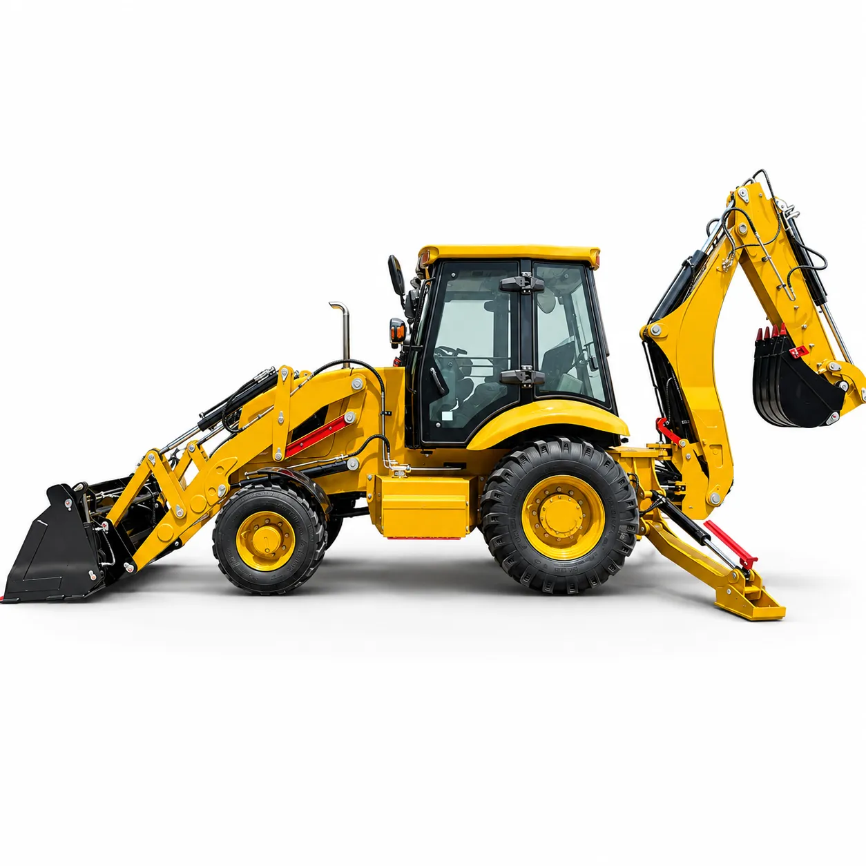 XQ-WZ420F 4WD Backhoe Loader 1 XQ-WZ420F 4WD backhoe loader with front loader bucket, rear excavator arm, enclosed cab, stabilizers and off-road tires