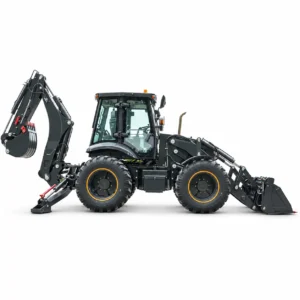 XQ-WZ4CX 4WD backhoe loader with front loader bucket, rear excavator arm, enclosed cab, stabilizers and heavy-duty tires