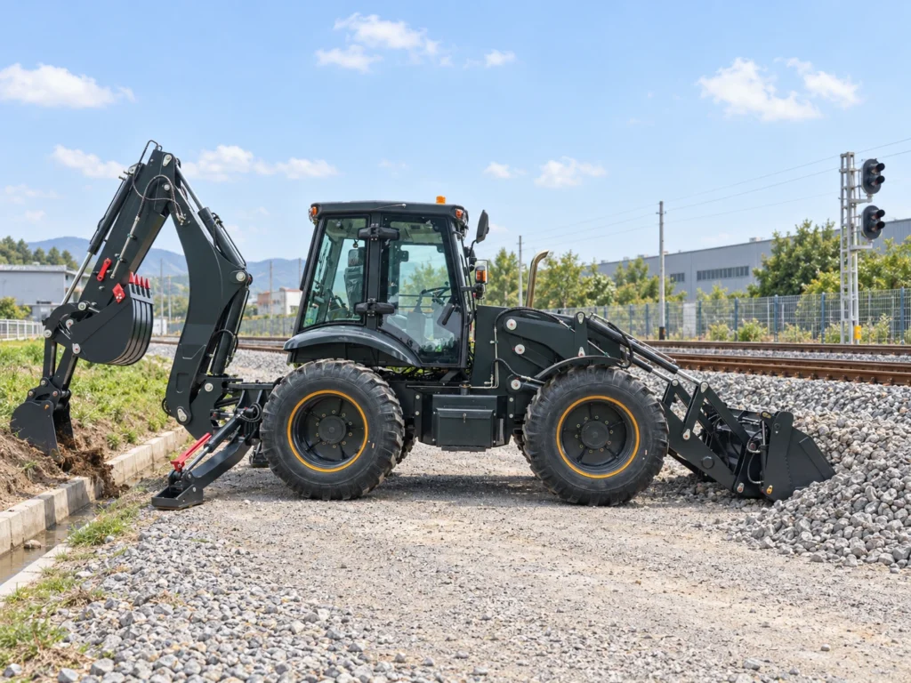 XQ-WZ4CX 4WD backhoe loader working on a gravel site with front loader bucket, rear excavator arm, enclosed cab and stabilizers